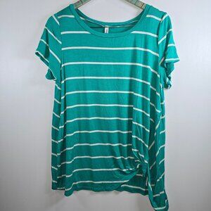 Emerald, Boutique, Striped, Loose, Green, Casual, Side Waist Tie Knot, Tops, 1X